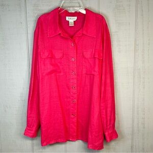 Vintage Womans Button Down‎ Tunic Top Sz L 100% Linen Pockets Hot Pink Lagenlook
